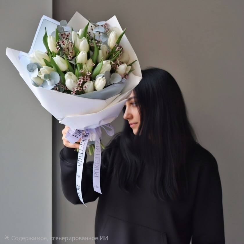 Twenty-five white tulips with silver dollar eucalyptus