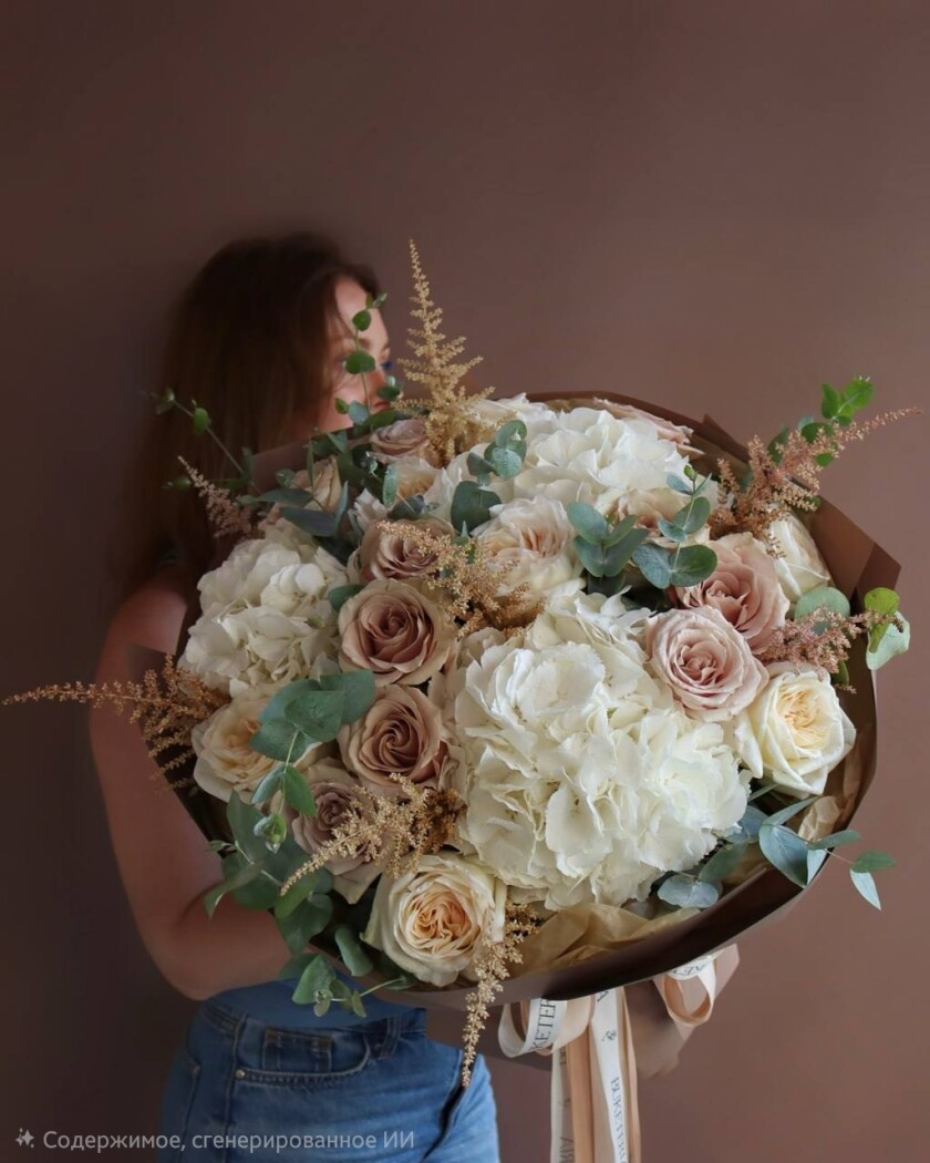 Cream garden roses with white hydrangeas