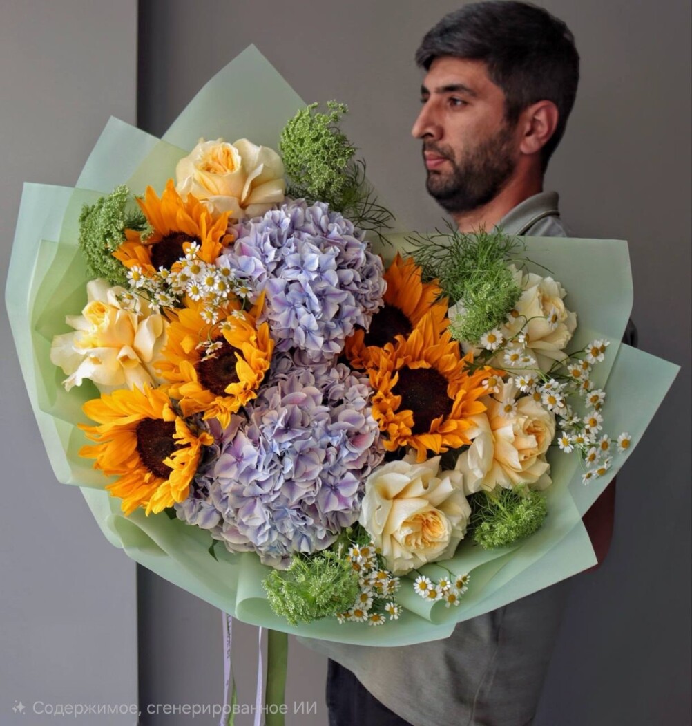 Mixed bouquet of yellow sunflowers and blue hydrangeas