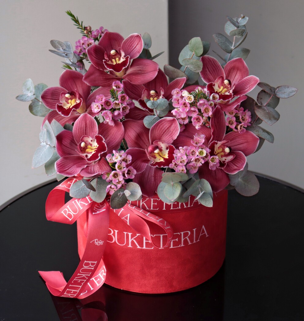 Decorative composition of burgundy cymbidium orchids in an art box