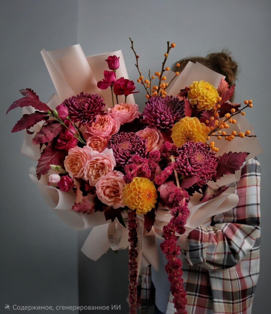 Four burgundy chrysanthemums with yellow dahlias and peach spray roses