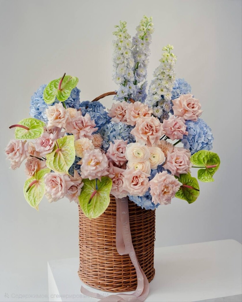 Blush ranunculus with light pink garden roses