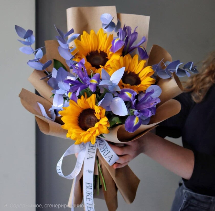 Mixed bouquet of yellow sunflowers and light blue irises