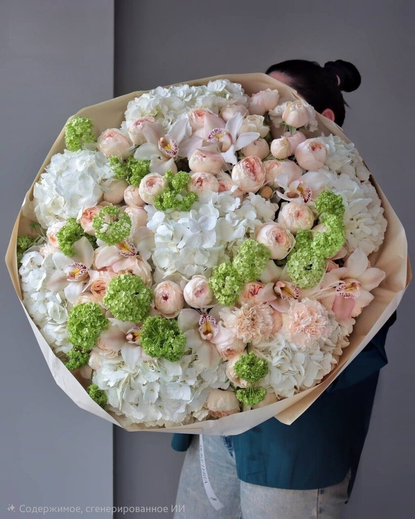 Peach spray roses with white hydrangeas and green viburnum