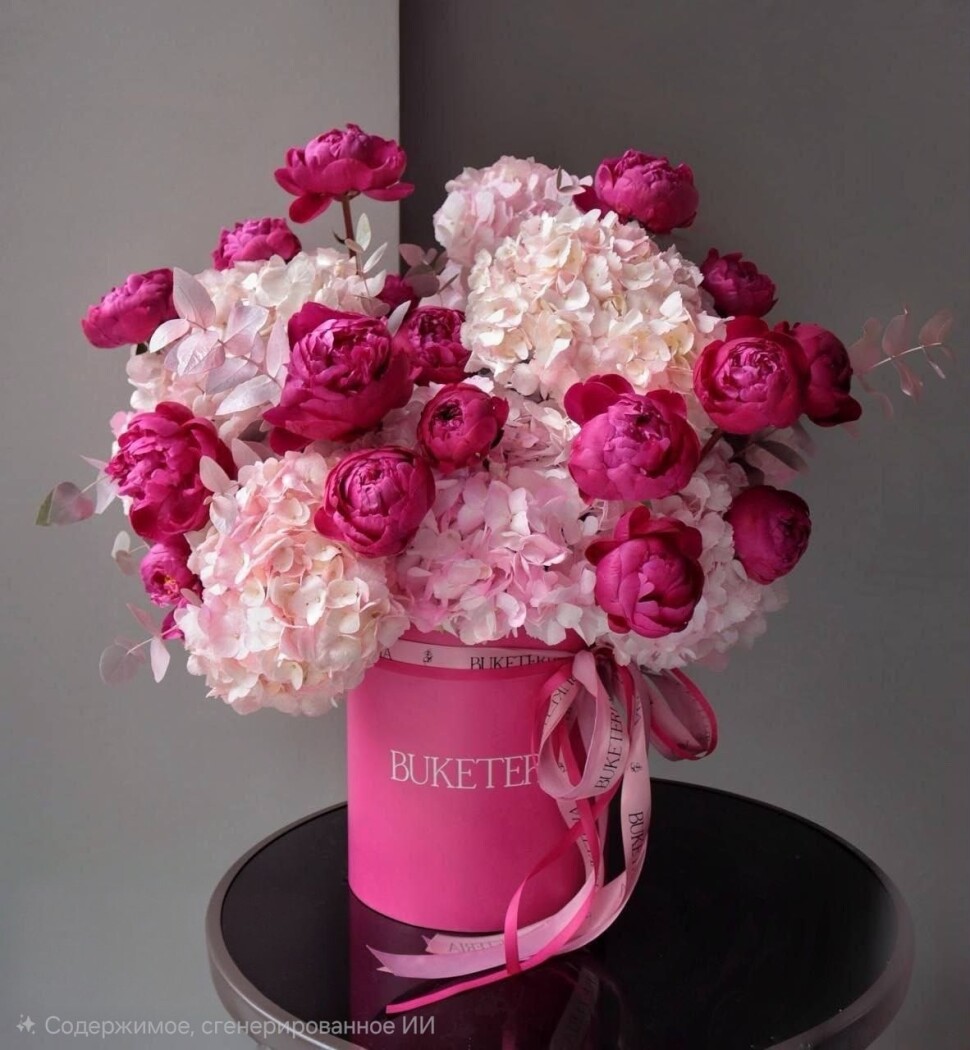 Pink hydrangeas and hot pink peonies in a luxury box