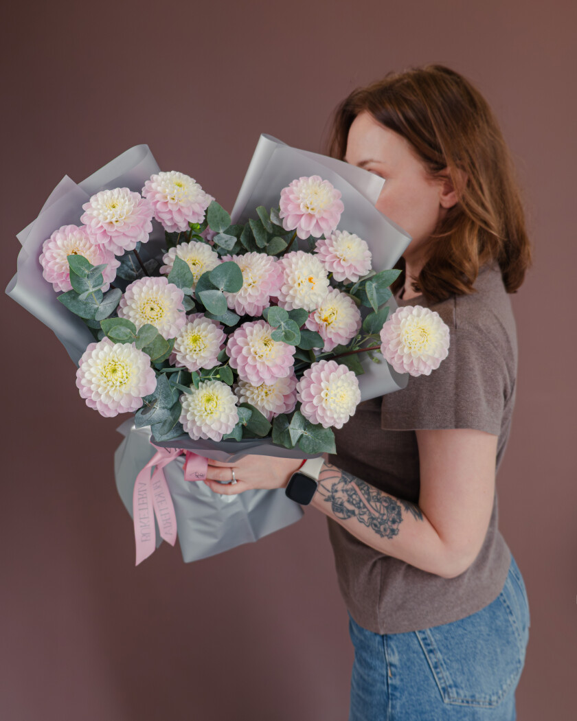 Seventeen blush ball dahlias in waterproof paper