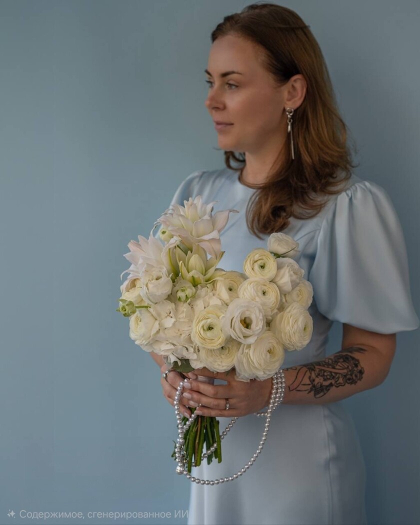 Eleven white ranunculus with hydrangea and lisianthus