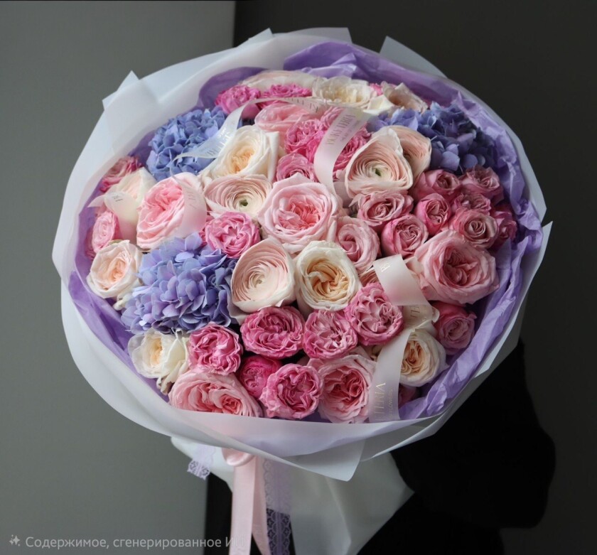 Seven pink garden roses and three lilac hydrangeas
