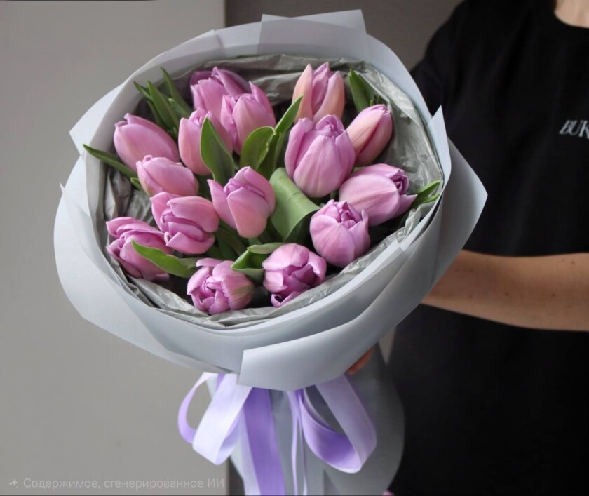 Fifteen light pink tulips with a purple ribbon