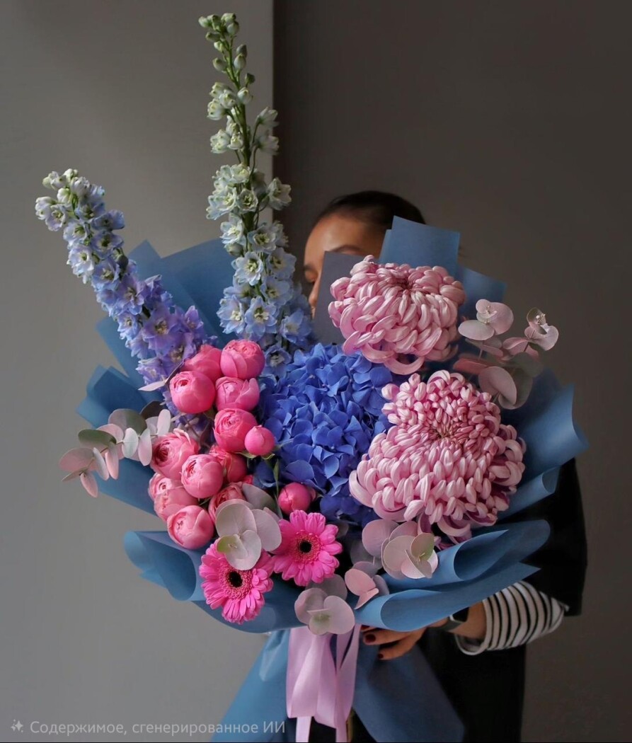 Blue hydrangea with hot pink gerberas and dusty pink roses