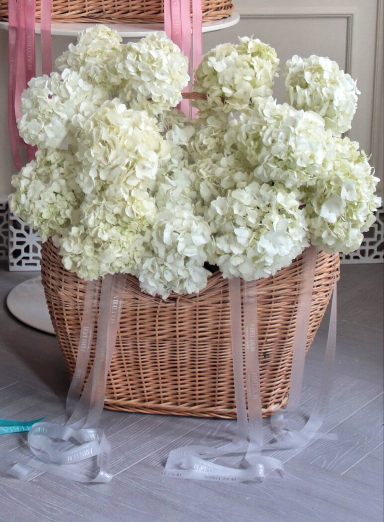 Fifteen white hydrangeas in a rustic basket