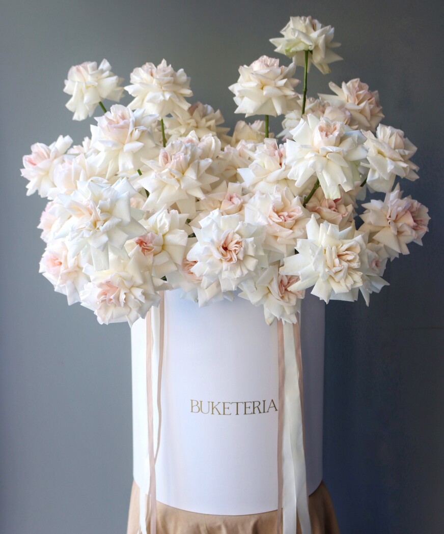 Decorative composition of white and pink garden roses in a box