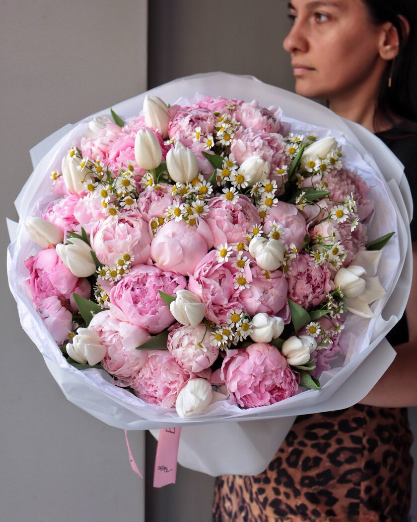 Blush peonies and white tulips bouquet