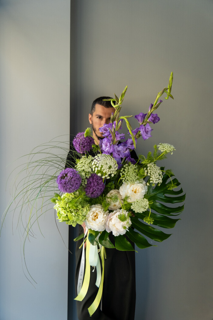 White peonies with lavender gladiolus and purple allium