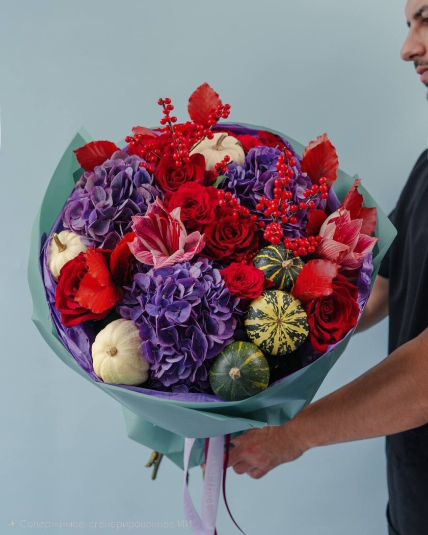 Red hybrid tea roses with pink amaryllis and lilac hydrangeas