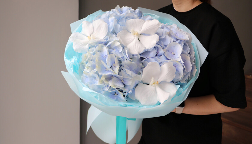 Three light blue hydrangeas and three white phalaenopsis orchids