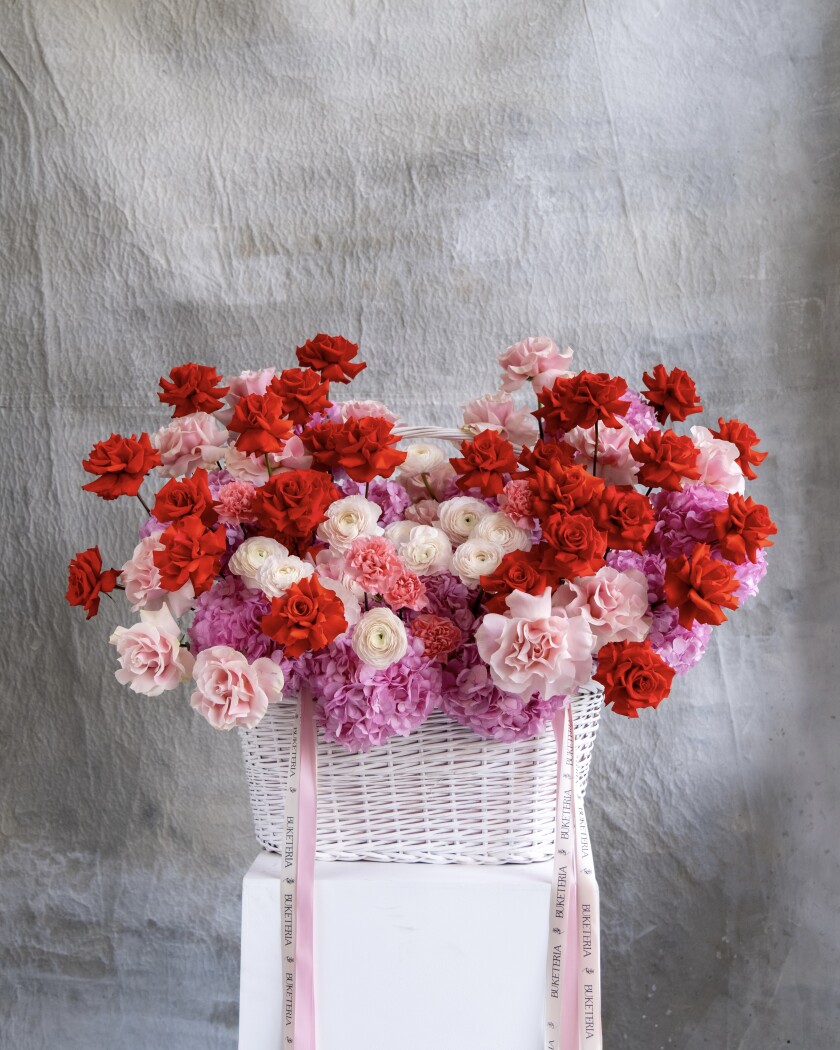Thirty red hybrid tea roses with pink hydrangeas and cream garden roses