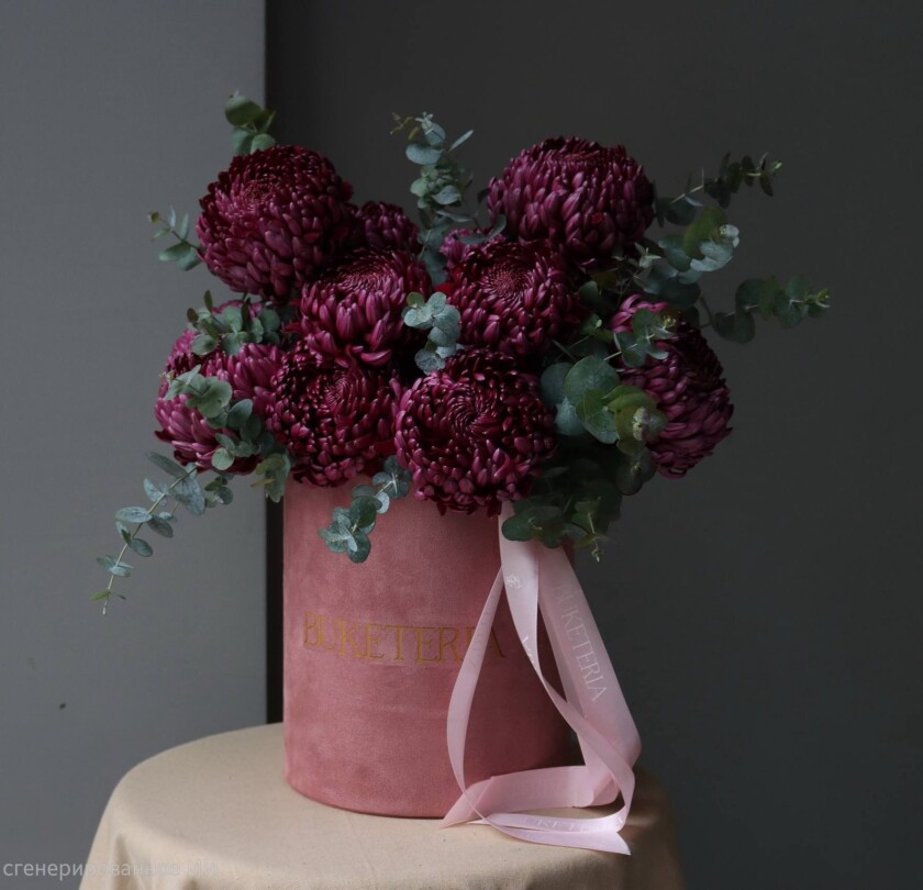 Burgundy chrysanthemums in a luxury box