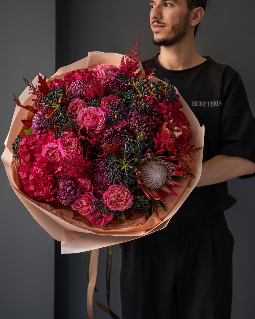 Burgundy chrysanthemums with purple hydrangeas and hot pink roses