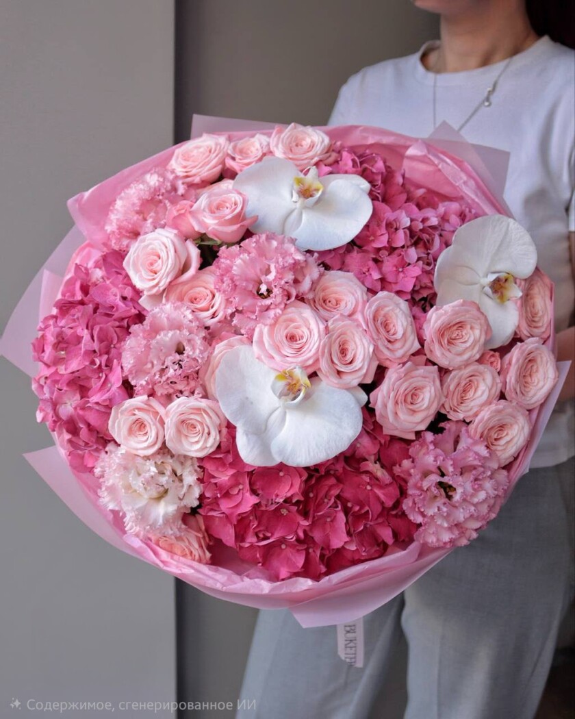 Eight blush spray roses with pink hydrangeas and light pink lisianthus