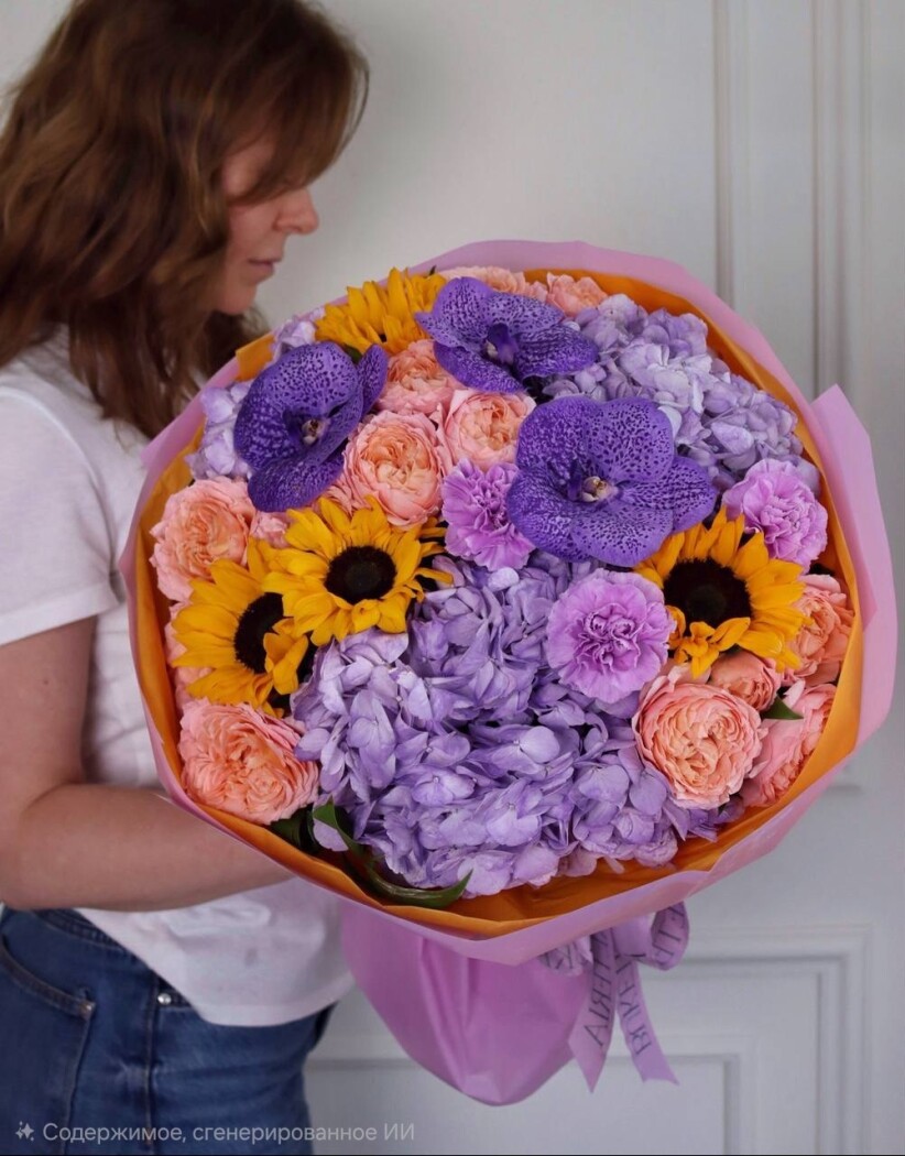 Mixed bouquet of peach spray roses, lilac hydrangeas, and yellow sunflowers