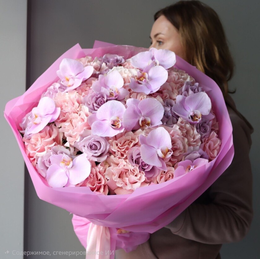 Pink garden roses with blush orchids