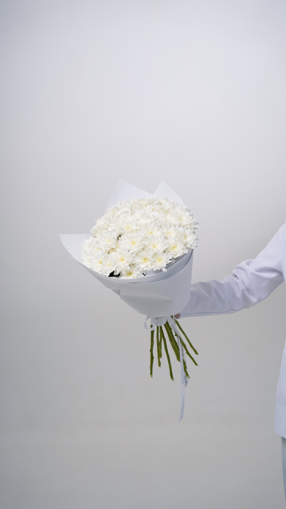 11 белых хризантем в оформлении №72