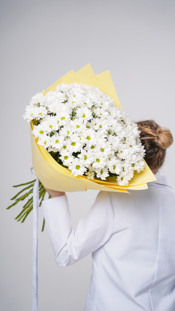 15 белых ромашковых хризантем в оформлении №79