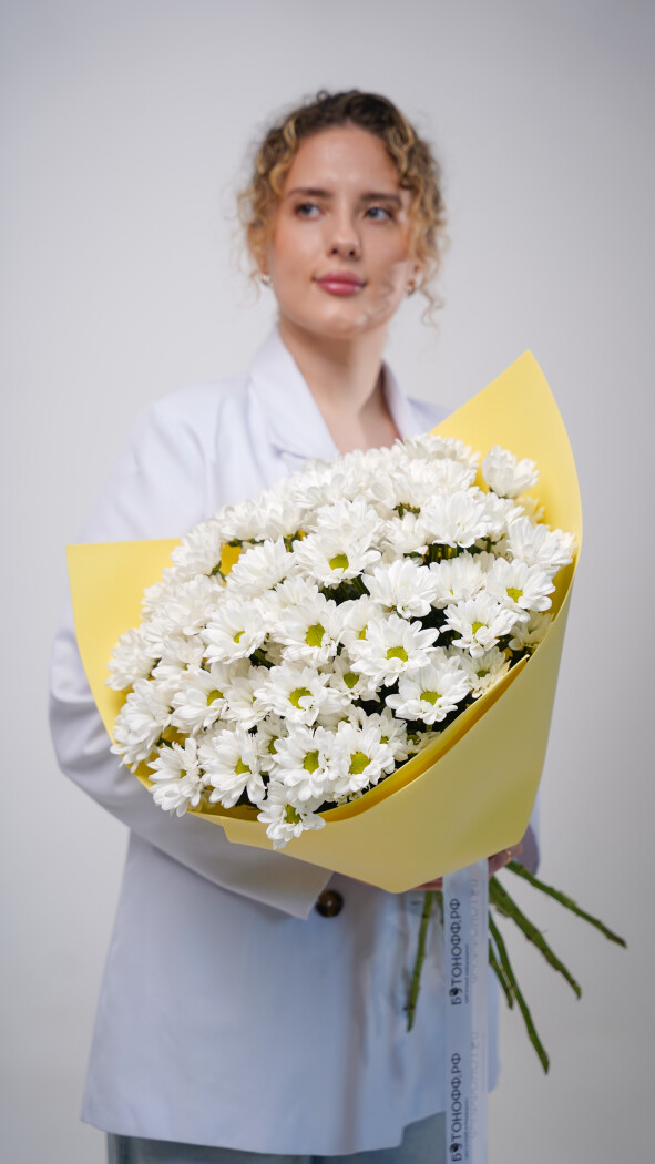 11 белых ромашковых хризантем в оформлении №78