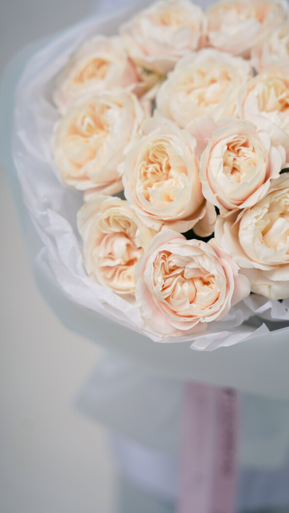 15 бледно-розовых пионовидных роз в оформлении №9