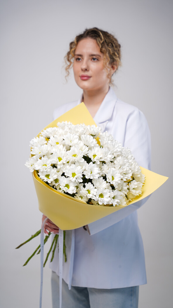 11 белых ромашковых хризантем в оформлении №78