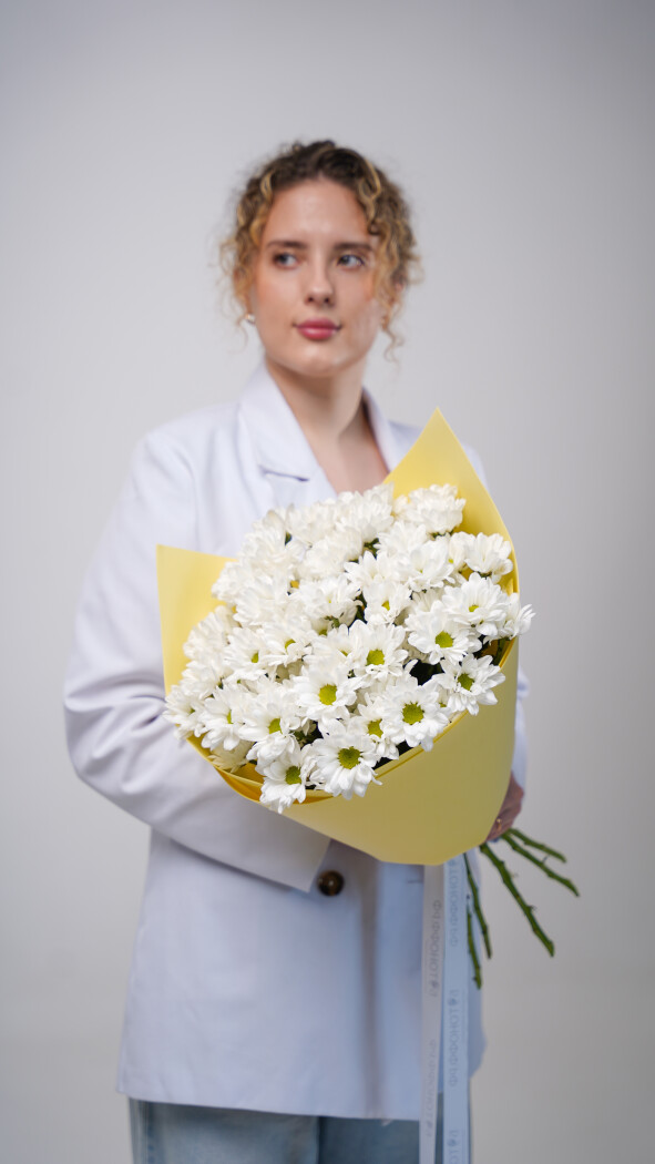 9 белых ромашковых хризантем в оформлении №77