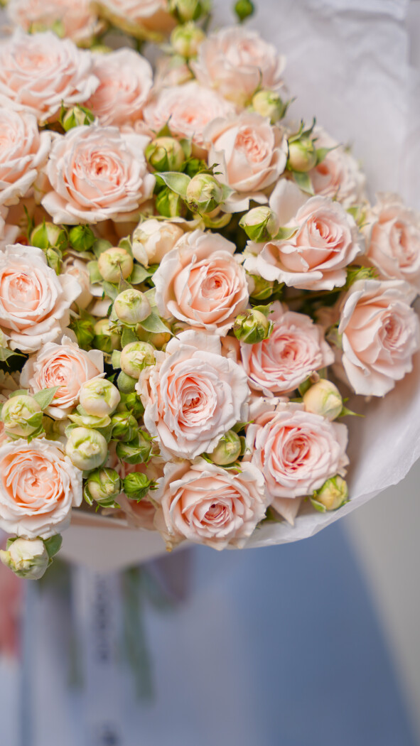 9 персиковых кустовых роз в оформлении №14