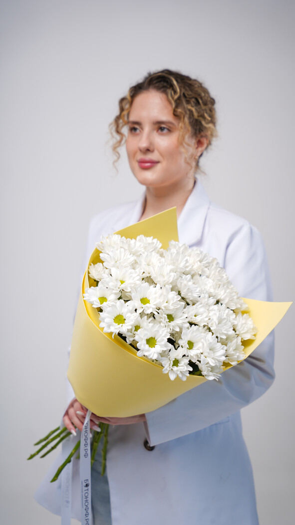 9 белых ромашковых хризантем в оформлении №77