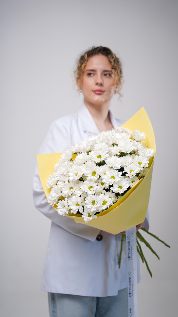 11 белых ромашковых хризантем в оформлении №78