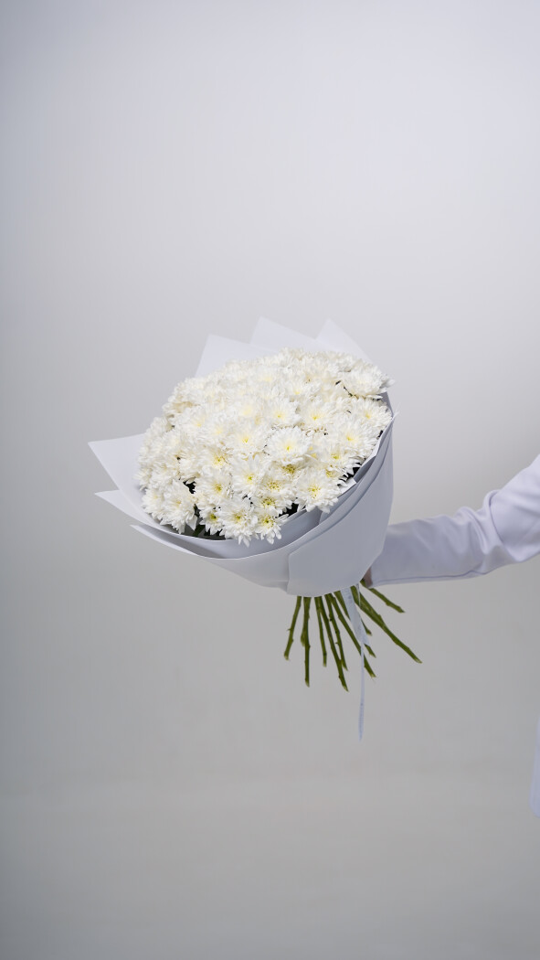15 белых хризантем в оформлении №73