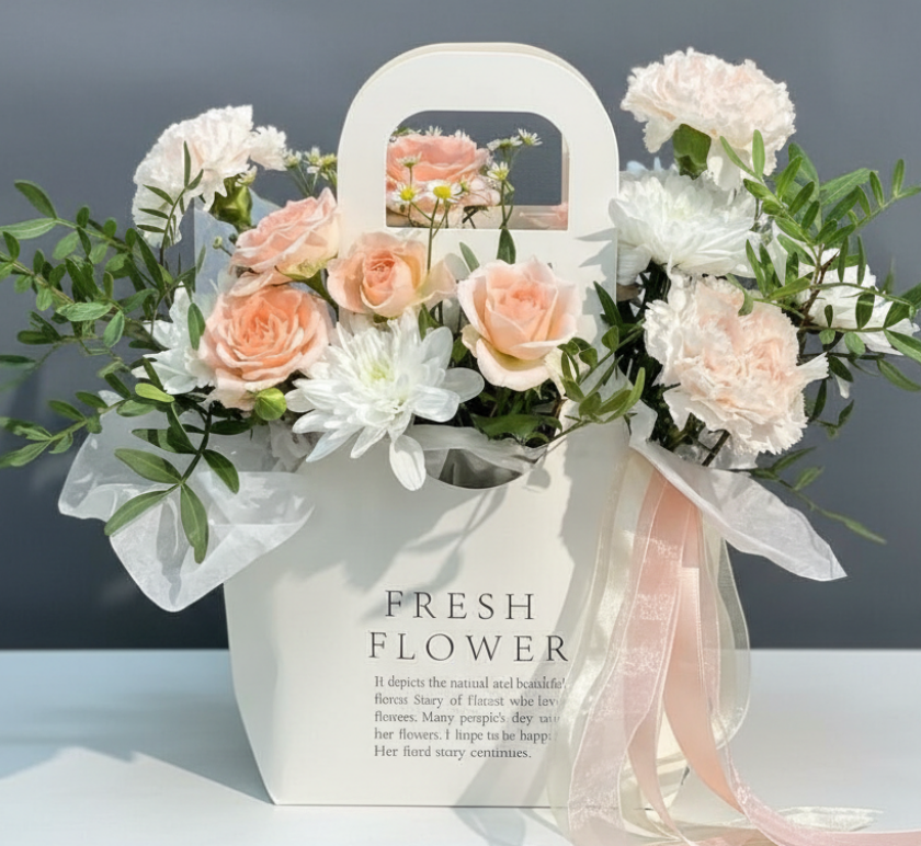 Композиция в сумочке из хризантем и роз