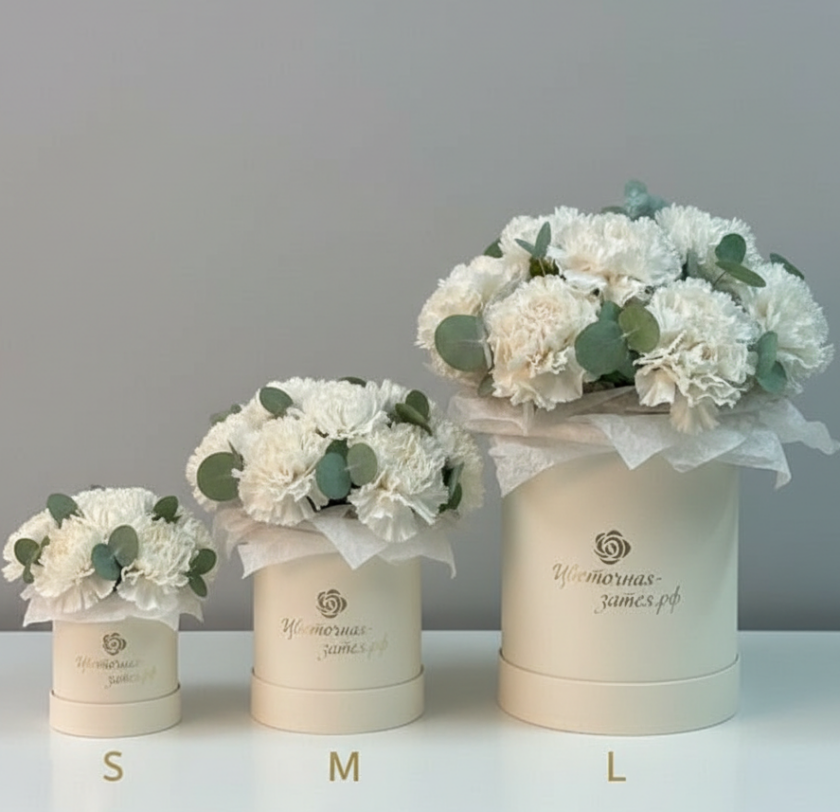 РАЗМЕР L.  Композиция в коробке с диантусами и эвкалиптом