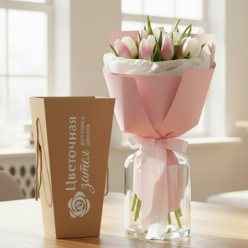 Букет из 11 тюльпанов розового и белого цвета