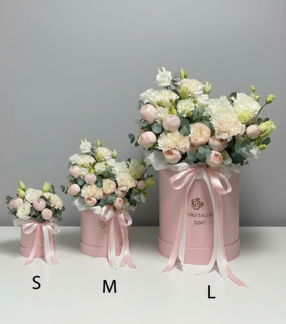 РАЗМЕР S.  Композиция в коробке из эустомы. диантусов, роз 