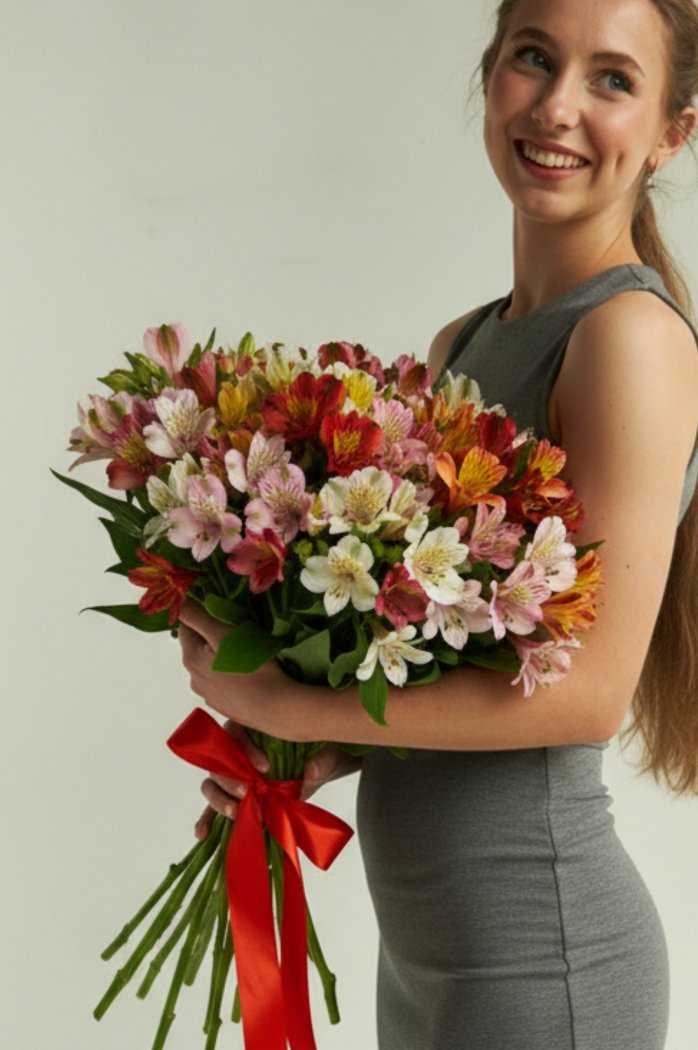 Букет из 25 веток альстромерий оформленных на денту