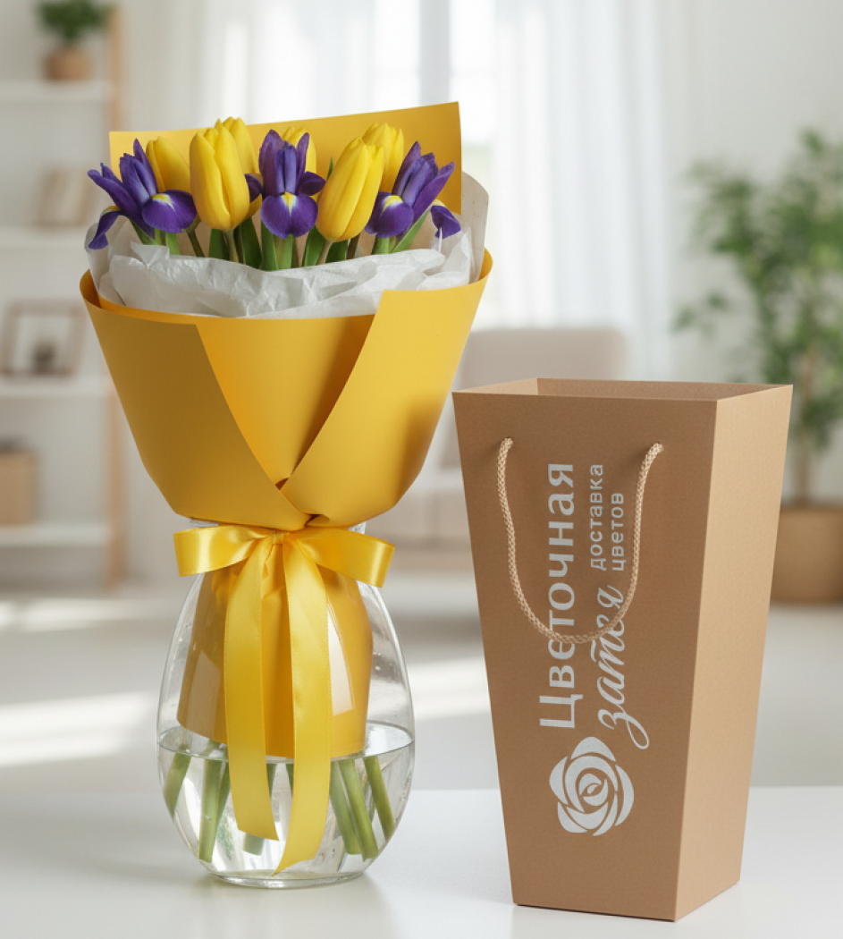 Букет из 5 ирисов и 6 тюльпанов 