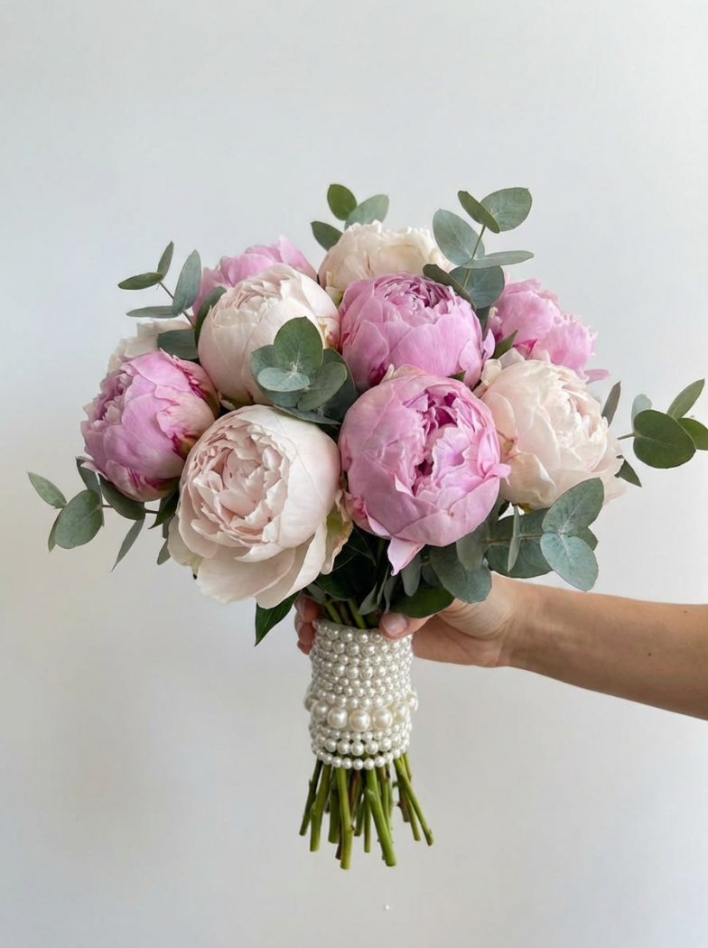 Букет невесты из пионов и эвкалипта