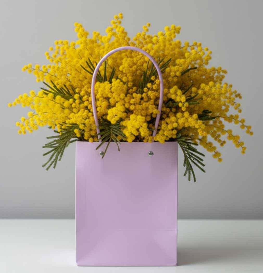 Композиция с мимозой в сумочке