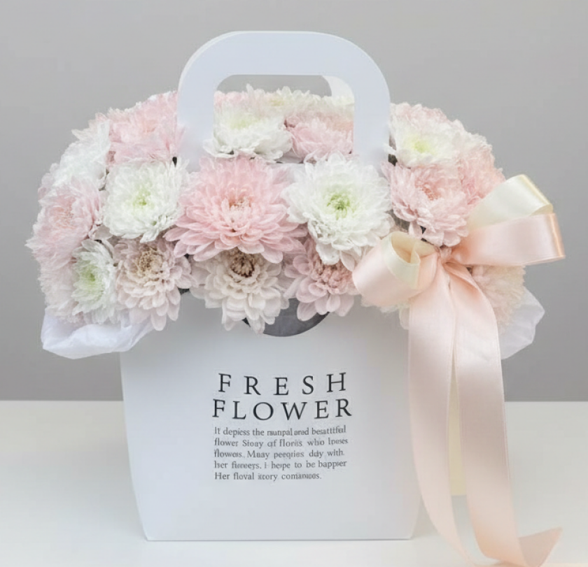 Композиция в сумочке из хризантем