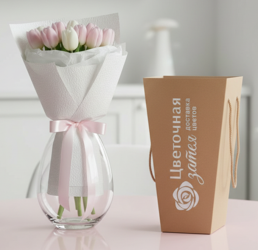 Букет из 11 тюльпанов розового и белого цвета