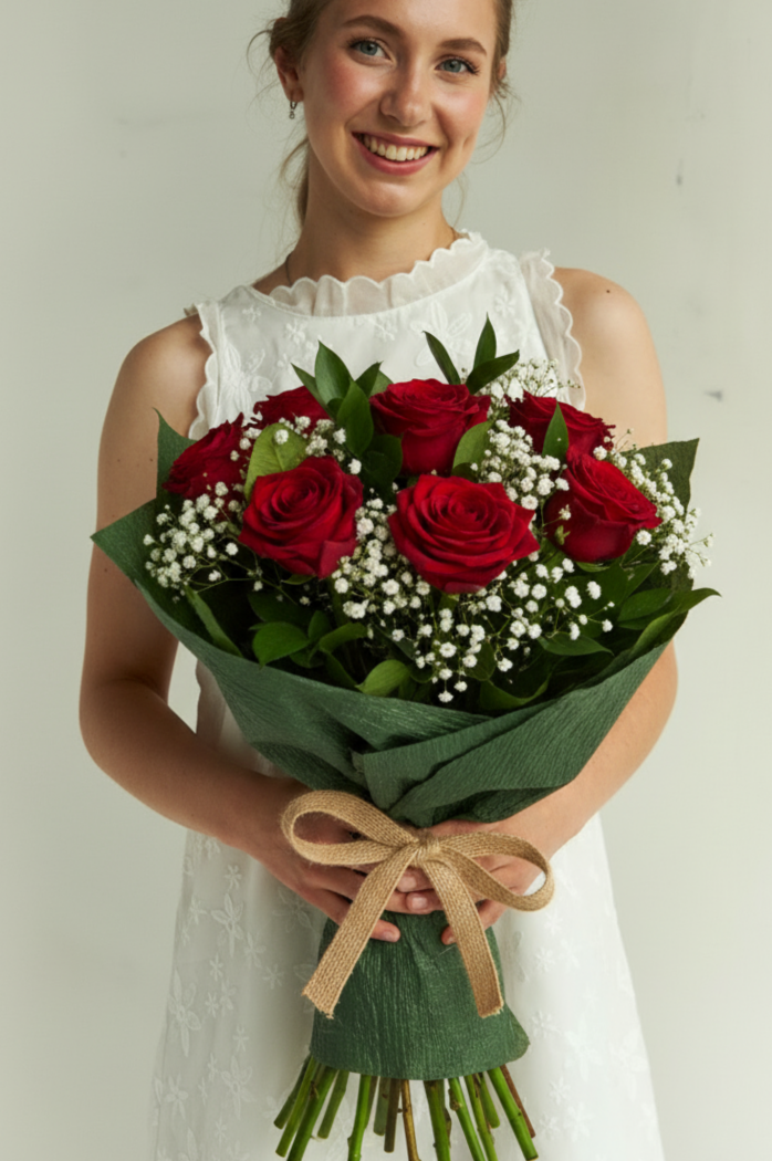 Букет из 9 красных роз, белой гипсофилы в зеленом оформлении