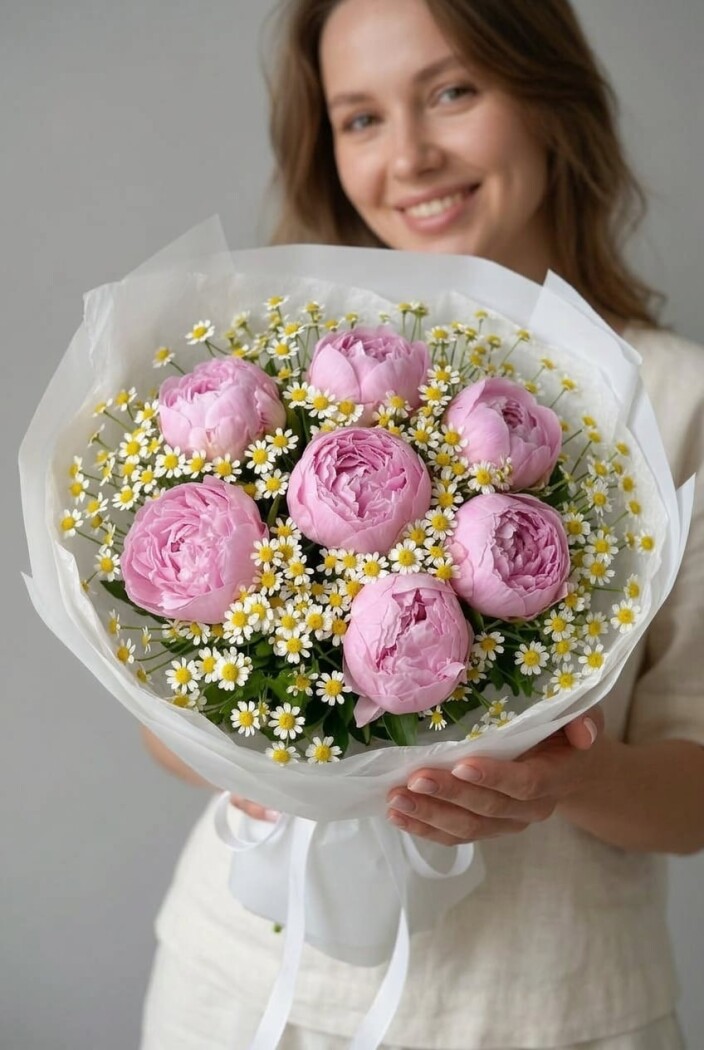 Букет из 7 пионов и ромашек