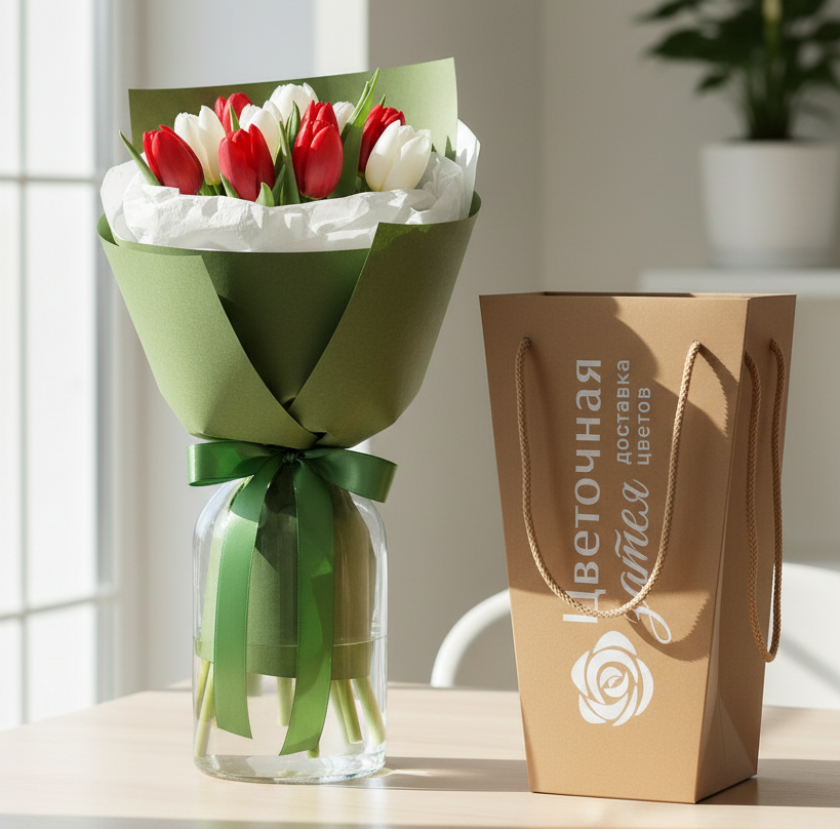 Букет из 11 тюльпанов красного и белого цвета